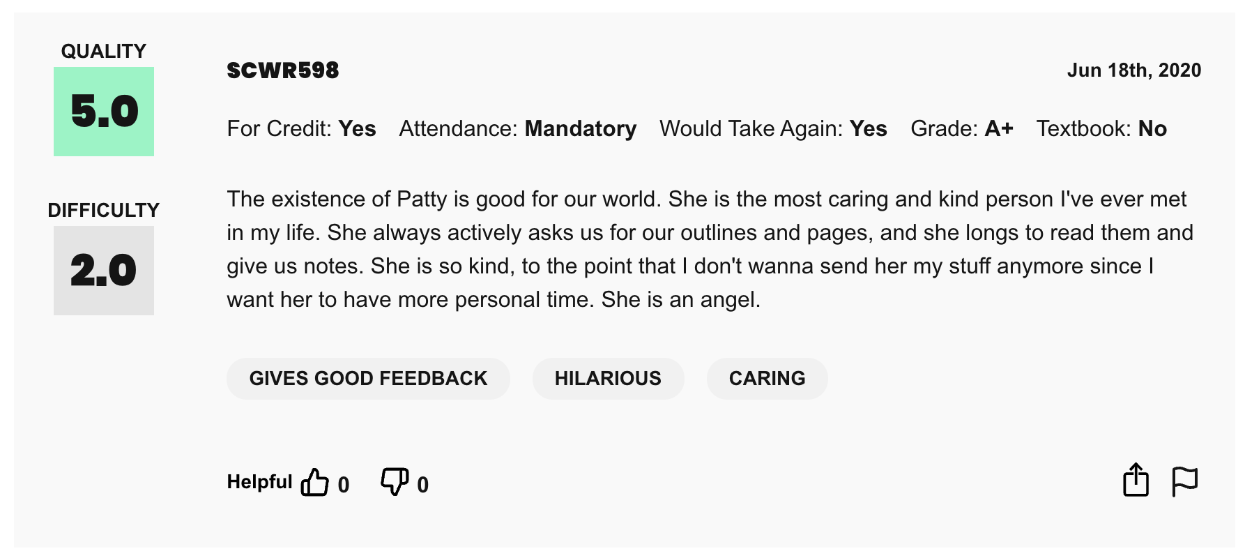 Patty's Rate My Professor review from 06.18.2020